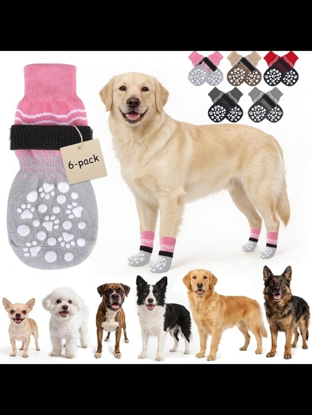 Non-Brand Pink & Gray Dog Socks with Non-Slip Paw Grip (6-Pack)